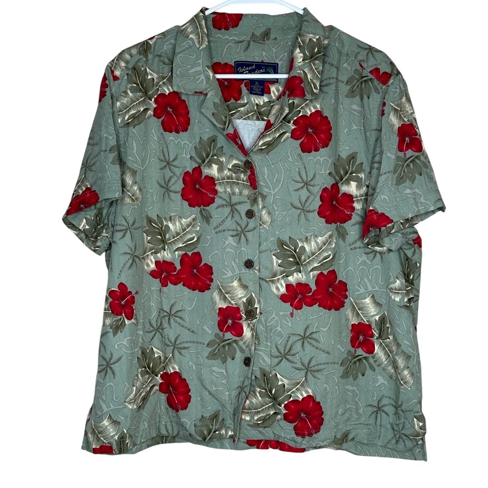 Island Traders VTG Women's XL Sage Green Red Hibiscus Tropical Rayon Camp Shirt